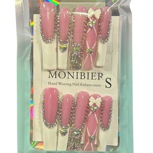 Pink Coquette Press On Nails 3D Rhinestone Bow Glam Soft Girl Y2K Aesthetic Long